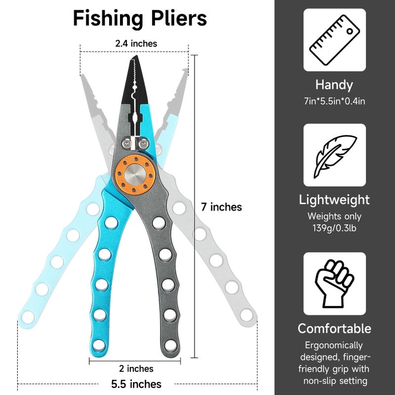 SAN LIKE Fishing Pliers Hook Remover, Aluminum Tungsten Carbide Cutters, Saltwater Resistant Fishing Gear Split Ring Fish Holder with Coiled Lanyard & Sheath - Fishing Gifts for Men(Blue) - Image 4