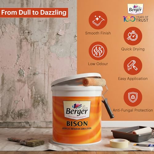 BERGER Bison Interior Emulsion Paint for Walls and Ceilings with Anti-Fading Properties Acrylic Based Washable & Durable Rich Smooth Matt Finish (1Ltr, White) - Image 2