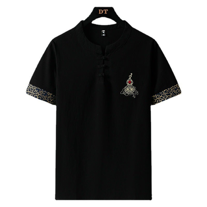 Summer Men''s 2022 New Gourd Embroidered Linen Short-sleeved T-shirt Men''s Cotton and Linen Half-sleeved Loose Top - Image 5