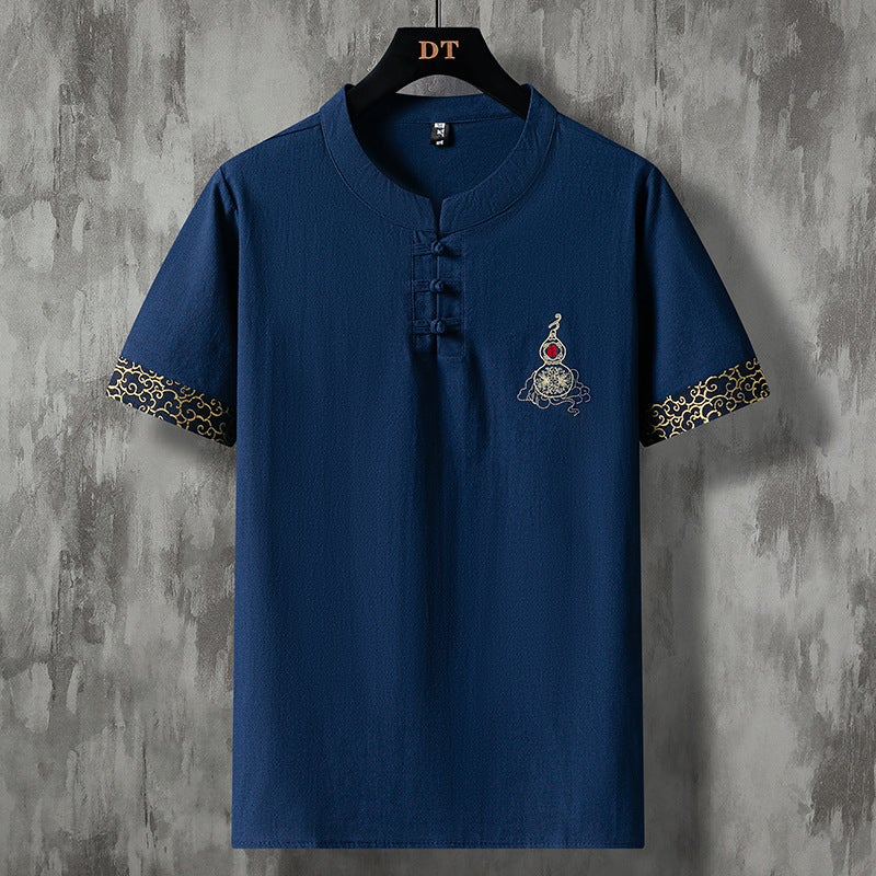 Summer Men''s 2022 New Gourd Embroidered Linen Short-sleeved T-shirt Men''s Cotton and Linen Half-sleeved Loose Top - Image 2