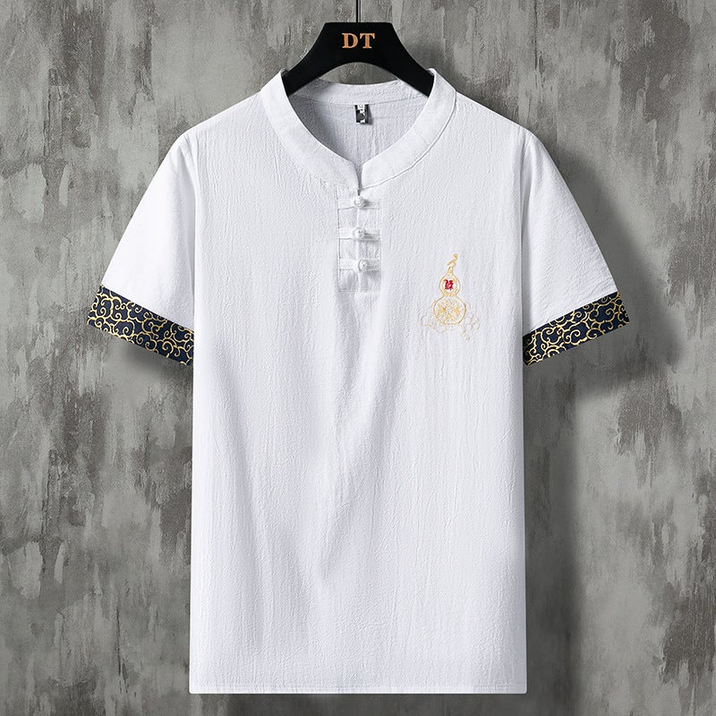 Summer Men''s 2022 New Gourd Embroidered Linen Short-sleeved T-shirt Men''s Cotton and Linen Half-sleeved Loose Top - Image 1