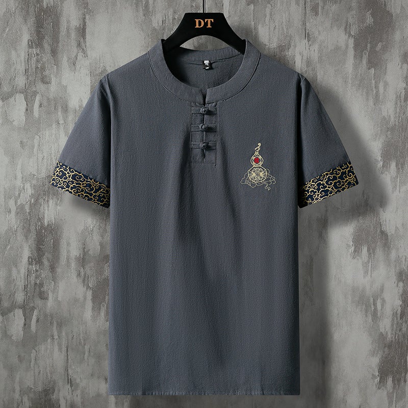 Summer Men''s 2022 New Gourd Embroidered Linen Short-sleeved T-shirt Men''s Cotton and Linen Half-sleeved Loose Top - Image 3