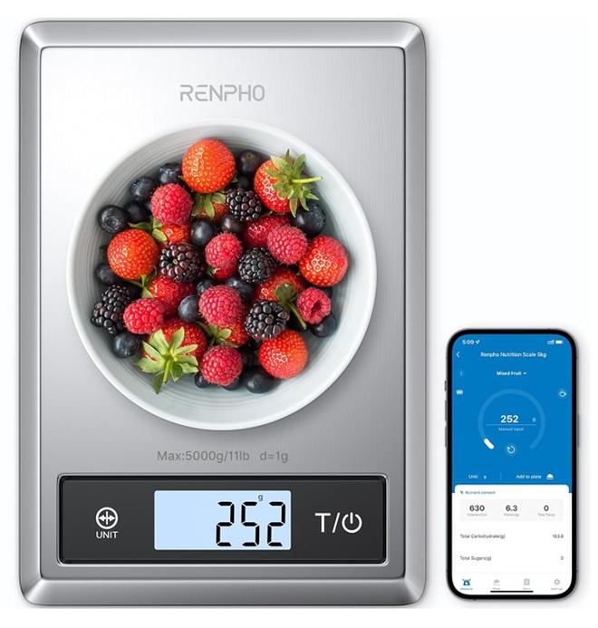 RENPHO Smart Food Scale Digital Kitchen Scale for Food Ounces and Grams Coffee Weight Scale with Nutritional Calculator APP for Keto Macro Calorie Weight Loss Precise Graduation Stainless Steel - Image 1