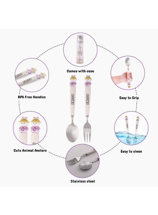 CRAVISTA Teddy Design Kids Cutlery Set with Case - 2-Piece Stainless Steel BPA Free Cutlery Set Includes Spoon, Fork and Case for Lunch Box, Picnic and Travel (White) - Image 3