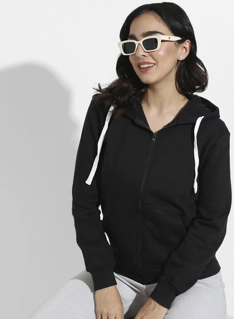 Campus Sutra Women's Onyx Black Solid Zip-Front Hoodie For Casual Wear | Hooded Neck | Long Cuffed Sleeves | Zipper Closure | Sweatshirt Crafted With Comfort Fit For Everyday Wear