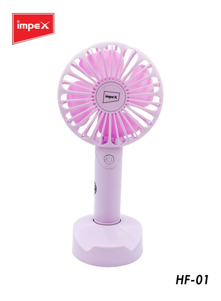 IMPEX HF-01 Rechargeable Hand Fan with 1200mAh Battery, 3 Speed Settings, Portable Design, Base Stand, and 2-Year Warranty – Pink - Image 1
