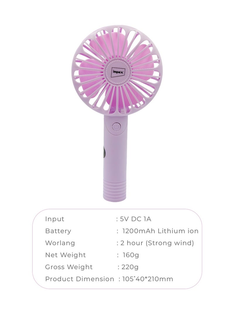 IMPEX HF-01 Rechargeable Hand Fan with 1200mAh Battery, 3 Speed Settings, Portable Design, Base Stand, and 2-Year Warranty – Pink - Image 5
