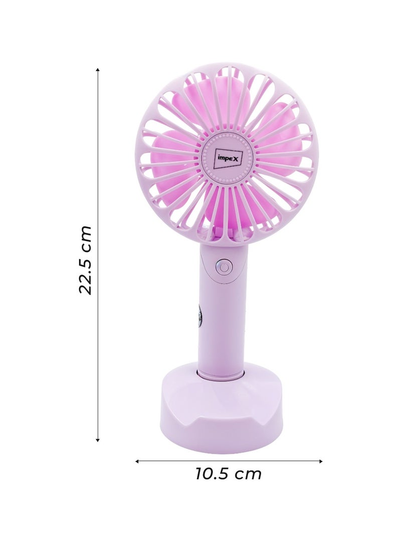 IMPEX HF-01 Rechargeable Hand Fan with 1200mAh Battery, 3 Speed Settings, Portable Design, Base Stand, and 2-Year Warranty – Pink - Image 4