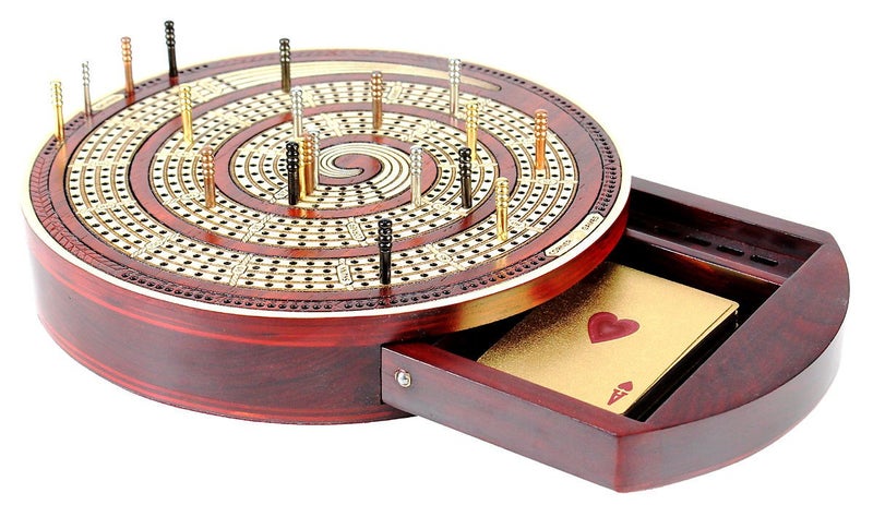 House of Cribbage Cribbage Board Spiral Design Round Shape 4 Tracks BloodwoodMaple with Place for Skunks Corners Won Games