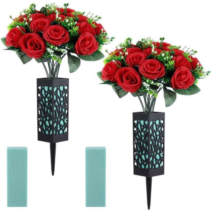 2 SETS ARTIFICIAL CEMETERY FLOWERS 36 HEADS ROSE WITH 2 GRAVE MARKERS FLOWER HOLDER VASE WITH DRAINAGE HOLE LONG SPIKES AND 2 FLORAL FOAM BLOCKS FOR OUTDOOR MEMORIALS RED