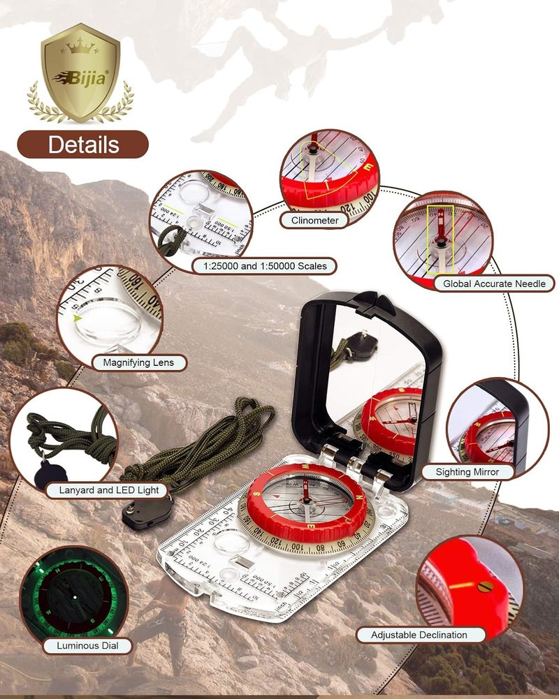 BIJIA Orienteering Map Compass -Sighting Mirror Compass with Adjustable Declination,Clinometer and LED light for Hiking, Camping,Orienteering,Hunting,Global Mountaineering,Navigating and SAR training. - Image 2
