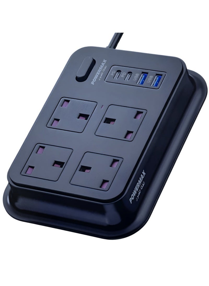 PowerMax Power Strip, Multifunctional Power Socket, Black 4-Port, 2 USB Ports, 2 USB-C Ports with Ultra-Fast PD Technology, Multi-Port Socket Suitable for All Devices, Extra Long 3 Meters MX50 - Image 2