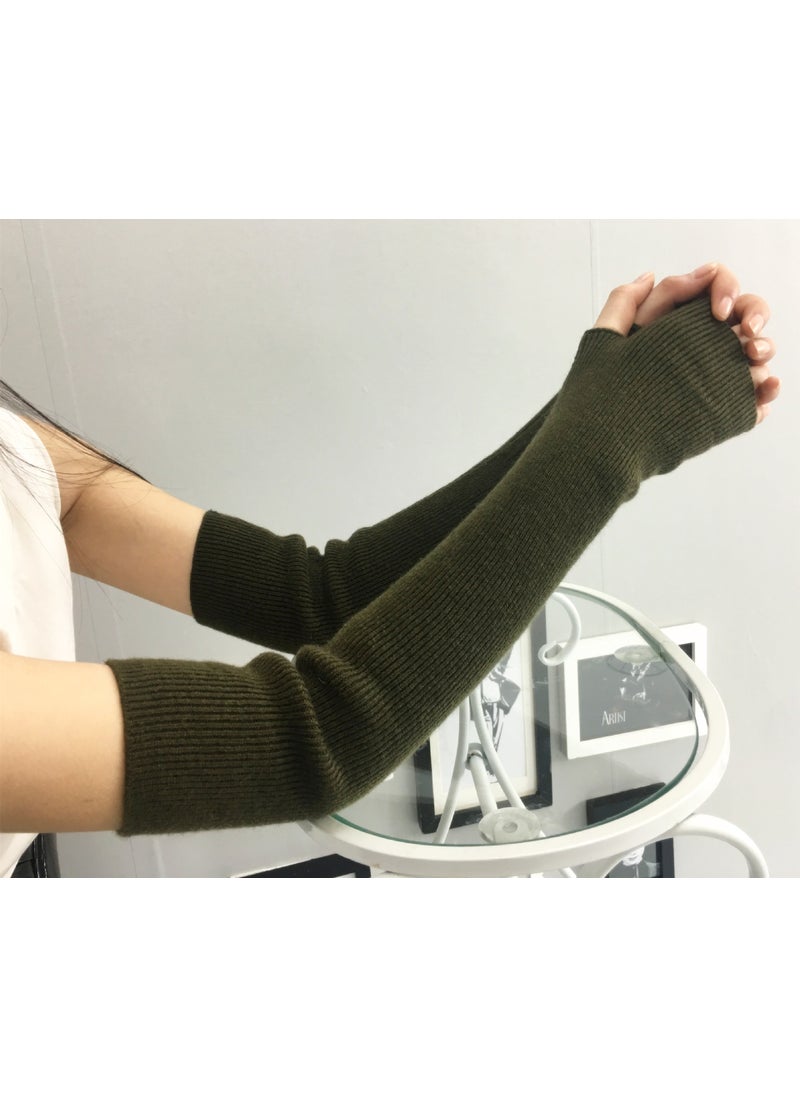 Generic - Cashmere Arm Warmers Fingerless Long Gloves for Women Autumn Winter Thick Warm Wool Sleeve Army Green - Image 1