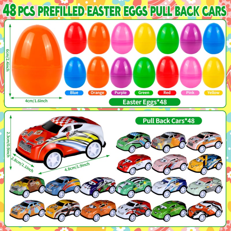 Seifar 48 Pack Prefilled Easter Eggs Filled with Pull Back Cars, Eggs with Racing Vehicle Inside, Easter Hunt Basket Stuffers Party Favors Classroom Prizes Gift for Kids Girls Boys - Image 2