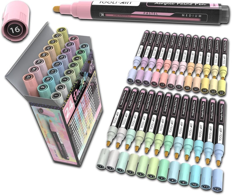 تولي-آرت مجموعة أقلام تلوين أكريليك بألوان خاصة للرسم على الصخور، والقماش، والقماش، والزجاج، والأكواب، والخشب، والسيراميك، والبلاستيك، ومتعددة الأسطح. غير سامة، ذات أساس مائي (باستيل م) - Image 1