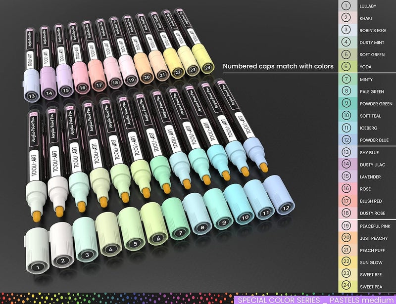 تولي-آرت مجموعة أقلام تلوين أكريليك بألوان خاصة للرسم على الصخور، والقماش، والقماش، والزجاج، والأكواب، والخشب، والسيراميك، والبلاستيك، ومتعددة الأسطح. غير سامة، ذات أساس مائي (باستيل م) - Image 5