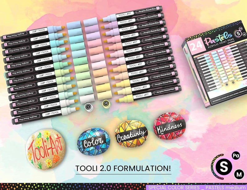 تولي-آرت مجموعة أقلام تلوين أكريليك بألوان خاصة للرسم على الصخور، والقماش، والقماش، والزجاج، والأكواب، والخشب، والسيراميك، والبلاستيك، ومتعددة الأسطح. غير سامة، ذات أساس مائي (باستيل م) - Image 2