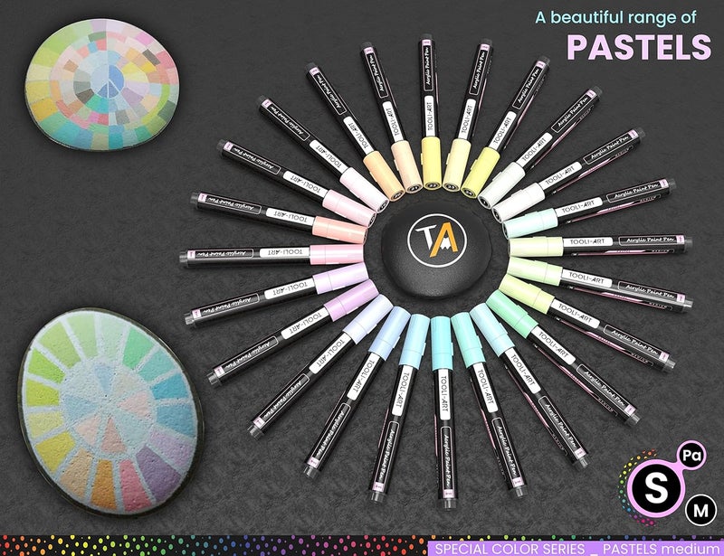 تولي-آرت مجموعة أقلام تلوين أكريليك بألوان خاصة للرسم على الصخور، والقماش، والقماش، والزجاج، والأكواب، والخشب، والسيراميك، والبلاستيك، ومتعددة الأسطح. غير سامة، ذات أساس مائي (باستيل م) - Image 4