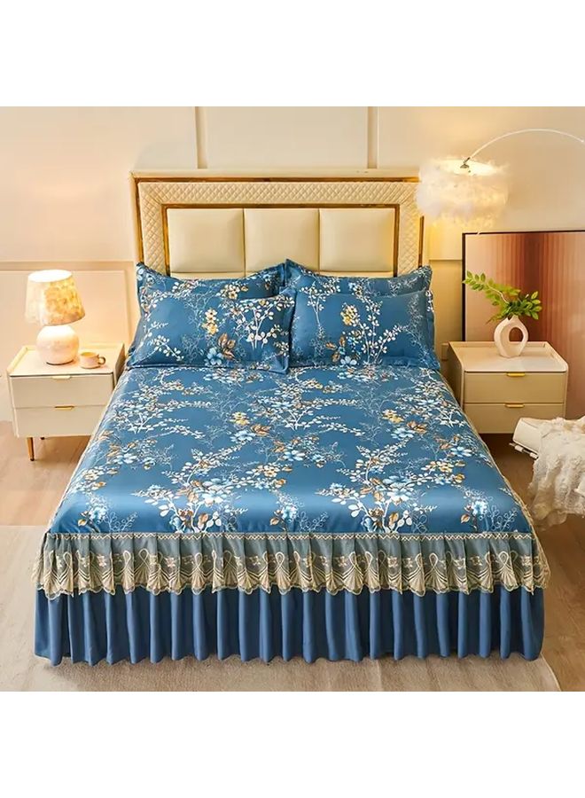 Dandelion Blue 3PCS Lace Bed Skirt Set With Pillowcases Ice Silky Fiber Fabric - Image 3