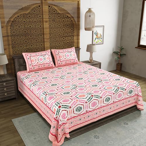BLOCKS OF INDIA Hand Block Print Cotton King Size Bedsheet (Pink Ikat AR) - Image 2