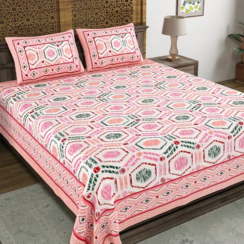 BLOCKS OF INDIA Hand Block Print Cotton King Size Bedsheet (Pink Ikat AR) - Image 1