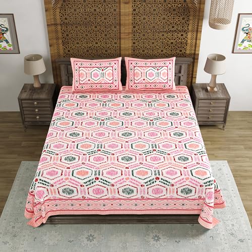 BLOCKS OF INDIA Hand Block Print Cotton King Size Bedsheet (Pink Ikat AR) - Image 3