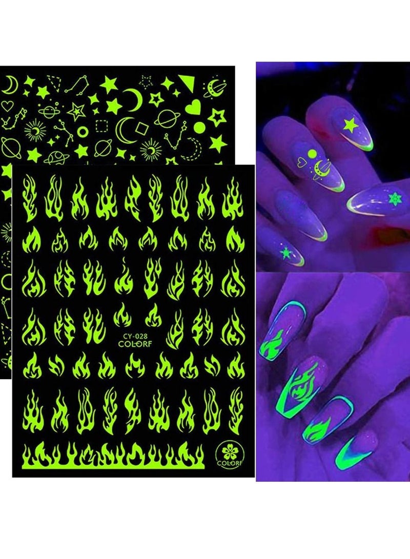 KASTWAVE 6pcs 3D Luminous Nail Art Supplies Self Adhesive Nail Decals Flame Star Moon Heart Designer Nail Stickers for Women Acrylic Nails Design Manicure Art Decorations - Image 1