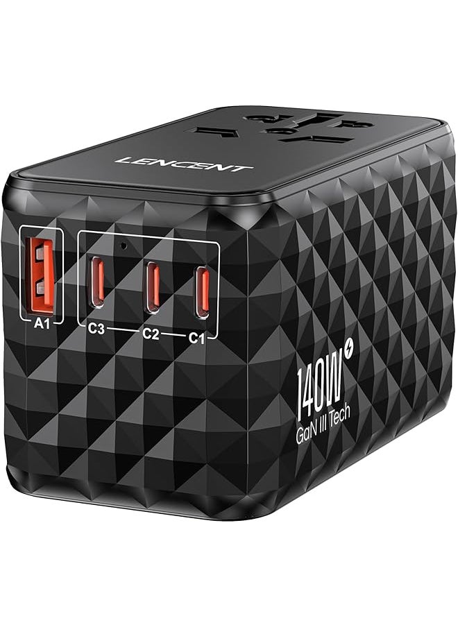 Lencent LENCENT 140W International Travel Adapter, GaN Universal Travel Adapter with 1 USB-A & 3 Type C Power Adapter, Fast Charger for Phone,Laptops, Worldwide Plug Adapter for USA/UK/EU/AUS, Black  - Image 1