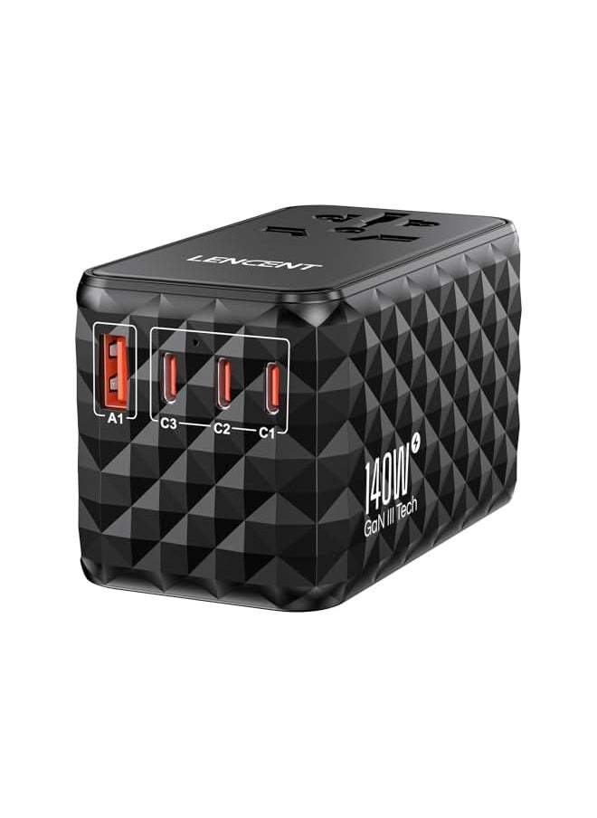 Lencent LENCENT 140W International Travel Adapter, GaN Universal Travel Adapter with 1 USB-A & 3 Type C Power Adapter, Fast Charger for Phone,Laptops, Worldwide Plug Adapter for USA/UK/EU/AUS, Black  - Image 2