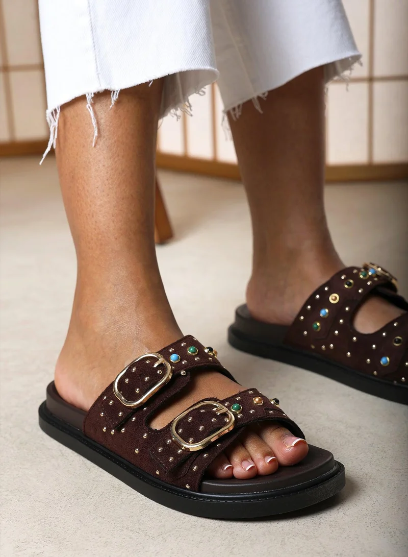 Where's That From Ceylon Diamante Stud Double Buckle Dark Brown Suede Slide On Sandal