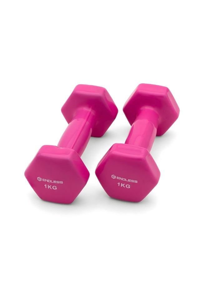ENDLESS  Vinyl Coated Fixed Dumbbells Pair | 1 Kg Each (Total 2 Kg) | Pink | Iron with Vinyl Coating | Compact Weights for Home Gym, Workout, Fitness, Men & Women - Image 1