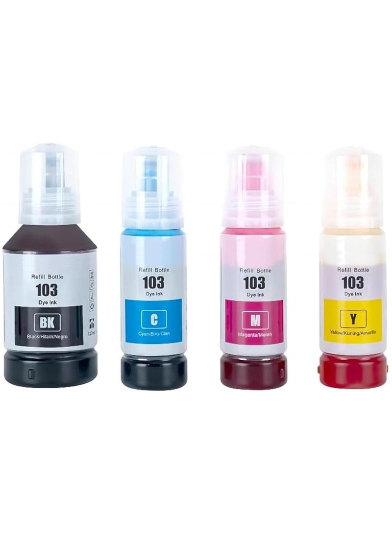 SYXUMLKLS Printer ink 103 for EPSON for EcoTank ink Combo Set Full-Pack of 4 (Black Cyan Magenta Yellow) for L1110‎ L3110 L3111 L3150 L3151‎ L3156 L3160 L5190‎ - Image 1