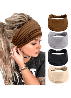 Generic 4Pcs Wide Sport Headbands for Women, Stylish Solid Color Elastic Head Wraps, Boho Thick Hairbands, Large Athletic Yoga Turban Headband Hair Accessories  - Image 1