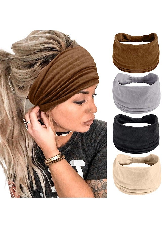 Generic 4Pcs Wide Sport Headbands for Women, Stylish Solid Color Elastic Head Wraps, Boho Thick Hairbands, Large Athletic Yoga Turban Headband Hair Accessories  - Image 1
