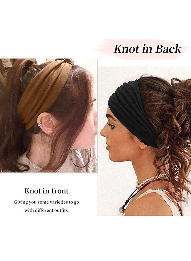 Generic 4Pcs Wide Sport Headbands for Women, Stylish Solid Color Elastic Head Wraps, Boho Thick Hairbands, Large Athletic Yoga Turban Headband Hair Accessories  - Image 3