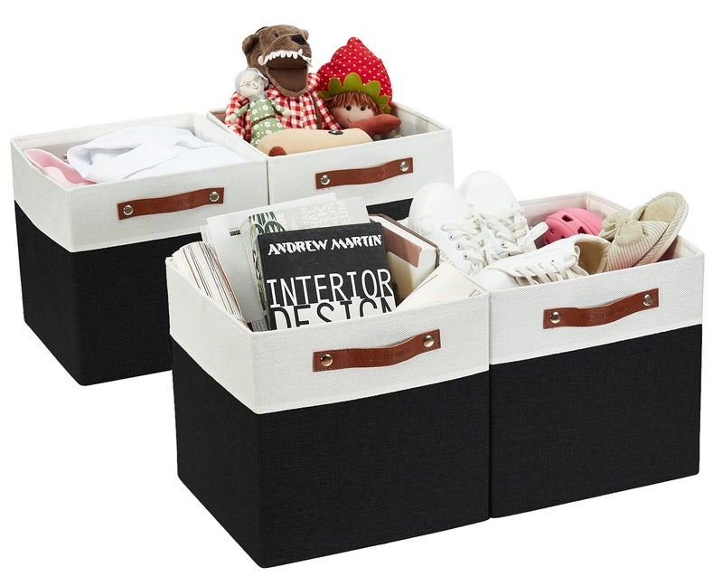 DECOMOMO Fabric Cube Storage Bins Storage Baskets for Shelves Cube Storage Organizer for Kallax and Cubbies Black White 13 inch Cube 4 Pack