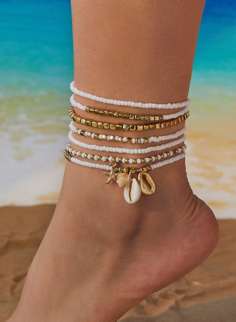 Bohemian Transparent Color Contrasting Rice Bead Foot Chain Set Summer Versatile Beach Rice Bead Shell Foot Chain