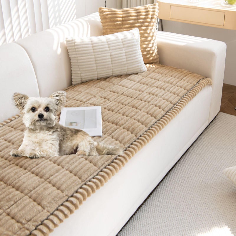 XSlive Faux Fur Plush Dog Couch Cover 3D Stripe Fuzzy Sofa Cover Non-Slip Fluffy Dog Bed Cover Pet Blanket Sofa Couch Furniture Protector for Puppy Large Dog Cat (Coffee,28"x28") - Image 1