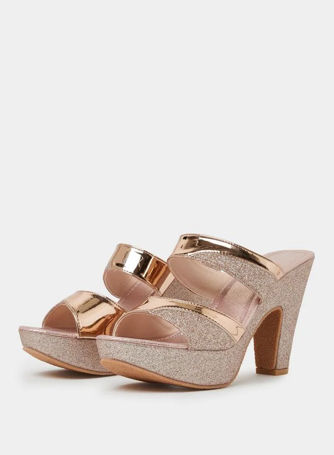 Take Two Gold Glitter Look Block Heel Mules