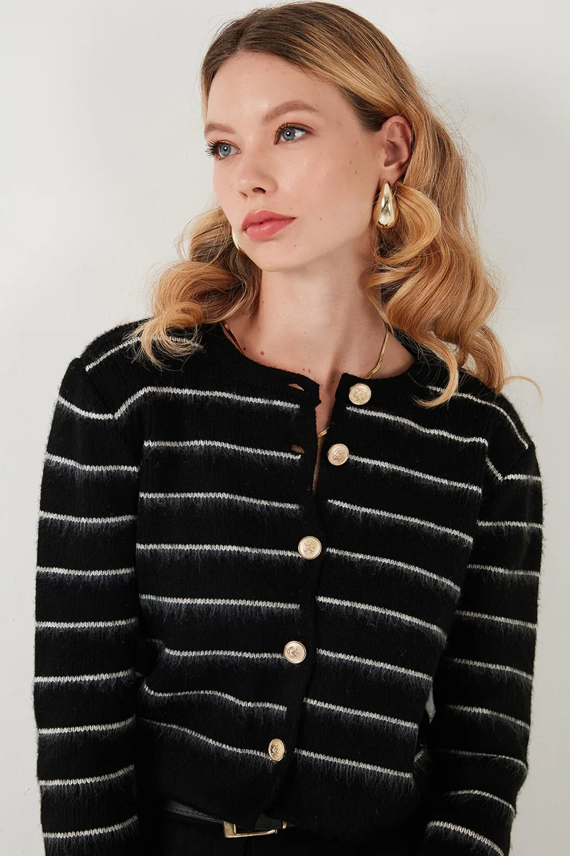 Lela Standard Fit Striped Soft Texture Crop Knitwear Cardigan Women's Cardigan 4615551