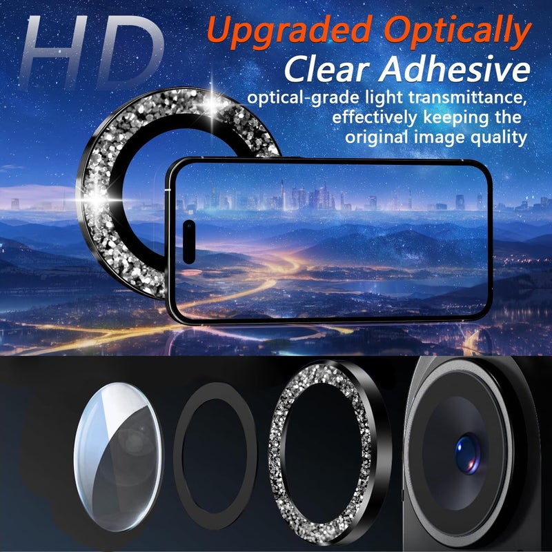 KEKBOXQ 2X2 Pack Glitter Camera Lens Protector for iPhone 16,iPhone 16 Plus Lens Tempered Glass Screen Protector Bling Camera Cover Metal Individual Ring Women for iPhone16/ 16Plus,Glitter Black - Image 3