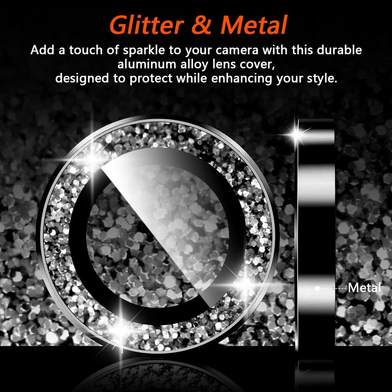KEKBOXQ 2X2 Pack Glitter Camera Lens Protector for iPhone 16,iPhone 16 Plus Lens Tempered Glass Screen Protector Bling Camera Cover Metal Individual Ring Women for iPhone16/ 16Plus,Glitter Black - Image 2