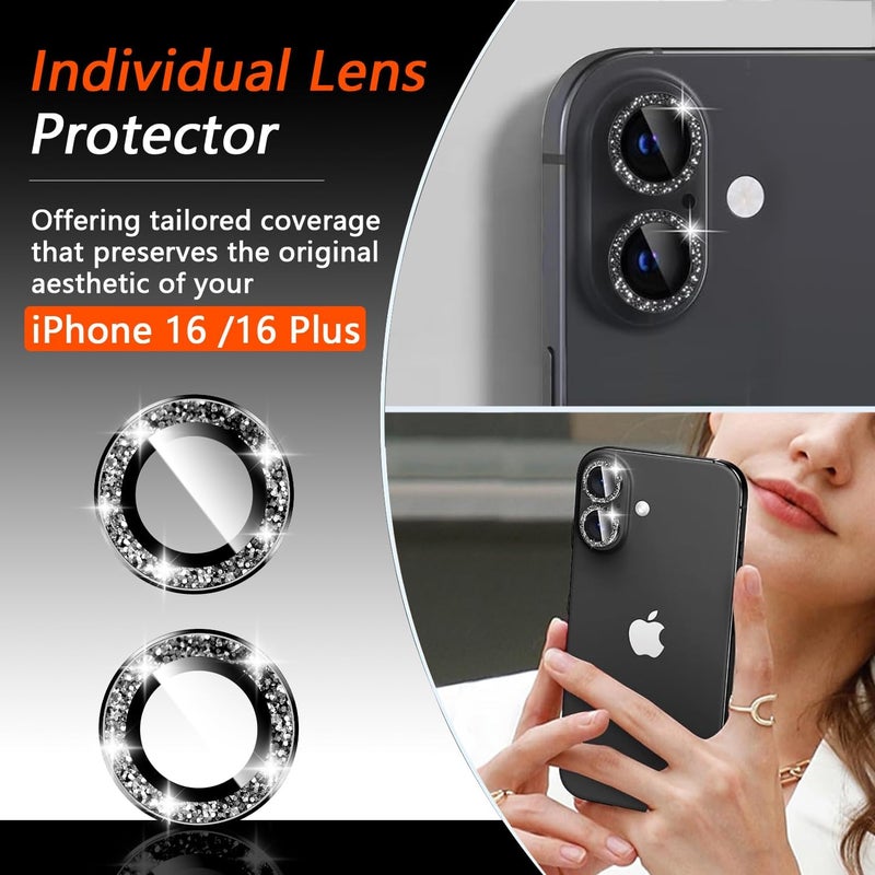 KEKBOXQ 2X2 Pack Glitter Camera Lens Protector for iPhone 16,iPhone 16 Plus Lens Tempered Glass Screen Protector Bling Camera Cover Metal Individual Ring Women for iPhone16/ 16Plus,Glitter Black - Image 4