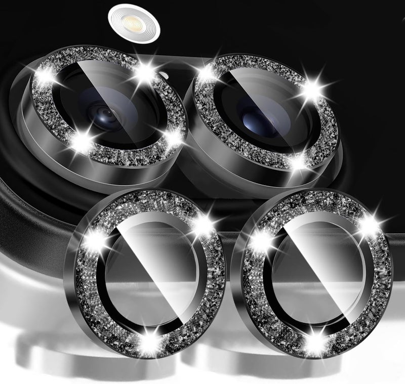 KEKBOXQ 2X2 Pack Glitter Camera Lens Protector for iPhone 16,iPhone 16 Plus Lens Tempered Glass Screen Protector Bling Camera Cover Metal Individual Ring Women for iPhone16/ 16Plus,Glitter Black - Image 1