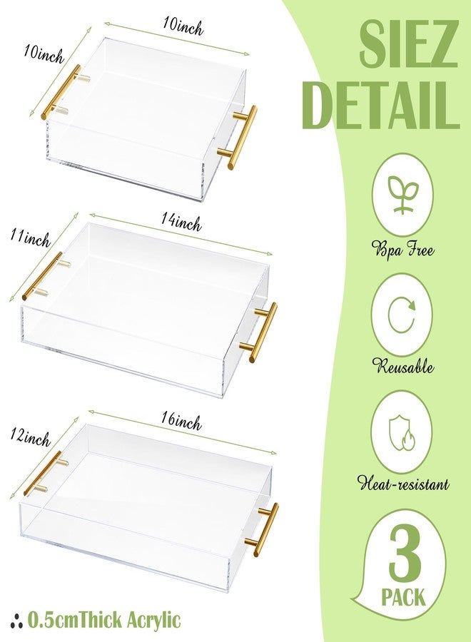 meekoo 3 Pack Acrylic Serving Tray with Handles, 12 x 16, 11 x 14, 10 x 10 Inch, Sturdy Huge Capacity Acrylic Trays for Coffee, Juice, Kitchen Desk Organizer(Clear with Gold Handle) - Image 4