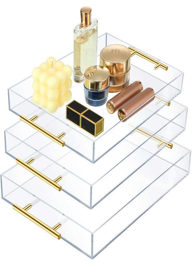 meekoo 3 Pack Acrylic Serving Tray with Handles, 12 x 16, 11 x 14, 10 x 10 Inch, Sturdy Huge Capacity Acrylic Trays for Coffee, Juice, Kitchen Desk Organizer(Clear with Gold Handle) - Image 1