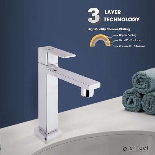 ENICET Basin Tap Set for Bathroom, with Angle Cock & Connection Pipe, Stainless Steel 304, Brass Angle Valve, Chrome Finish, Table Top Basin Tap, Pillar Cock for Bathroom (Square Pillar CO) - Image 2