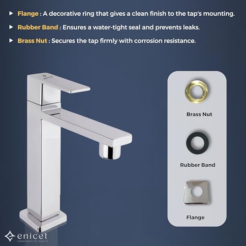 ENICET Basin Tap Set for Bathroom, with Angle Cock & Connection Pipe, Stainless Steel 304, Brass Angle Valve, Chrome Finish, Table Top Basin Tap, Pillar Cock for Bathroom (Square Pillar CO) - Image 3