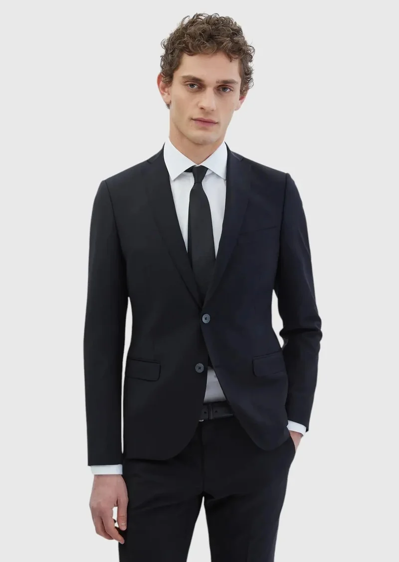 RAMSEY Black Plain Fashion Slim Fit Wool Blended Suit
