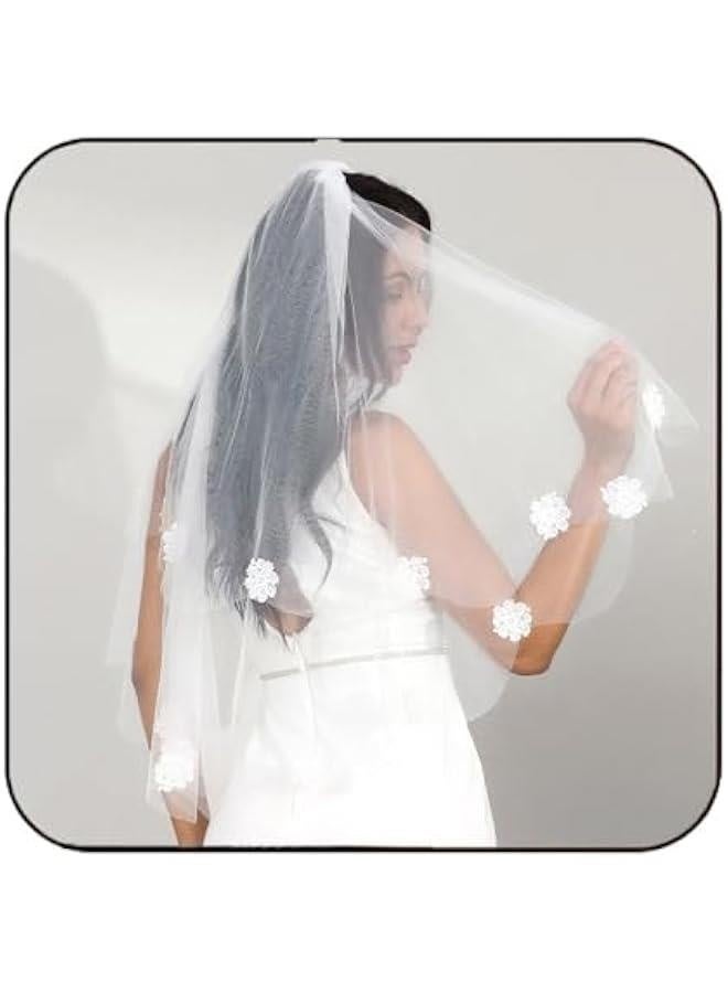 2 Tier Short Bride Wedding Veils Flower Fingertip Bridal Veil Tulle Veils with comb fo Women and Brides  - Image 1